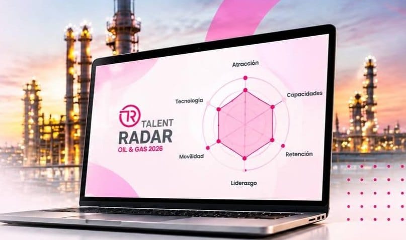 Notebook mostrando el gráfico de radar del TR Talent Radar Oil & Gas 2026 con sus seis dimensiones de talento